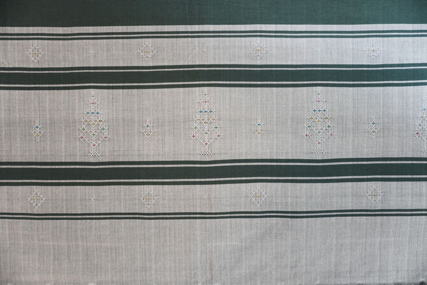 Tangaliya cotton 3 piece suit material in grey with military green dupatta, border detail and tassels