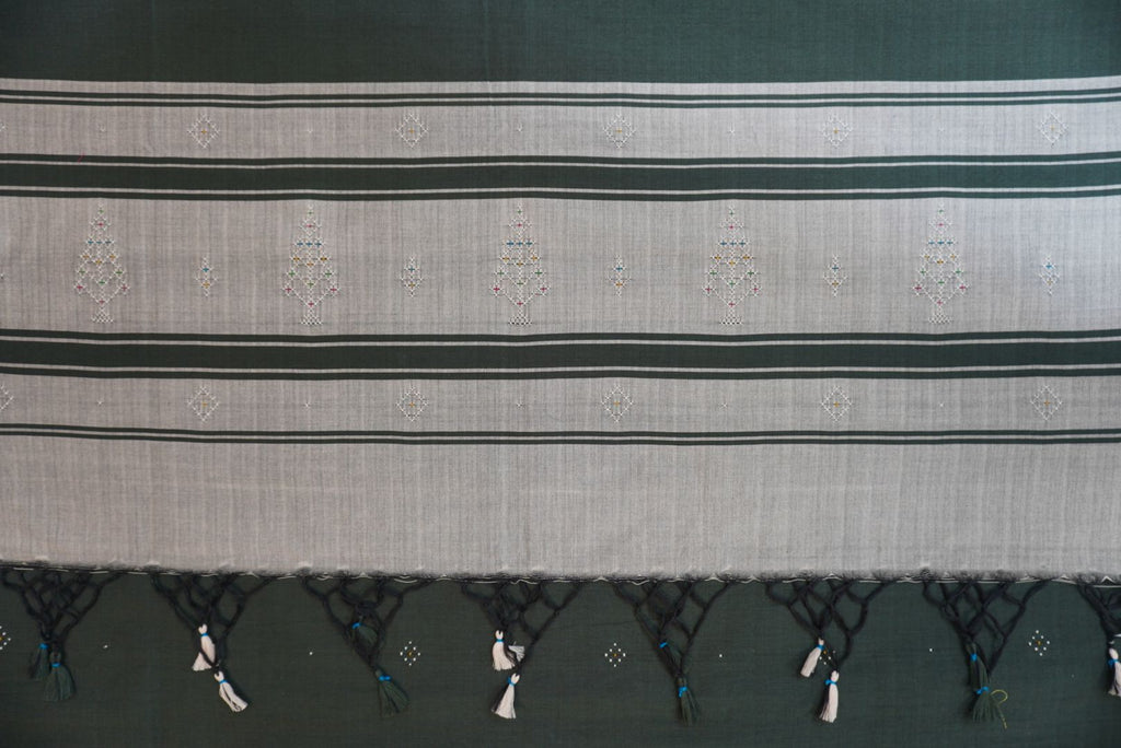 Tangaliya cotton 3 piece suit material in grey with military green dupatta, border detail and tassels