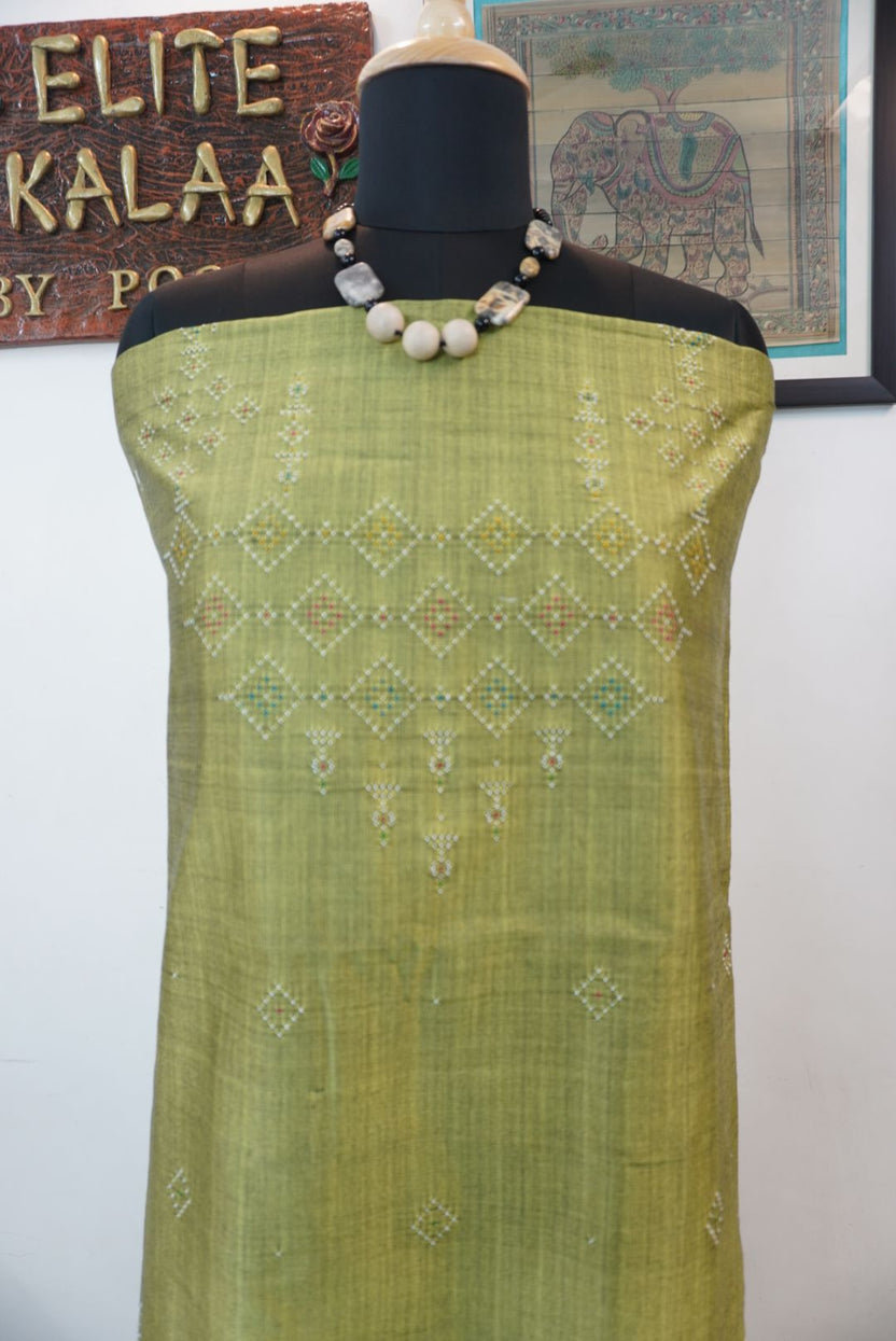 Light green cotton Tangaliya 3 piece suit set with grey dupatta and geometric pattern