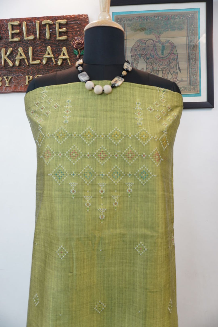 Light green cotton Tangaliya 3 piece suit set with grey dupatta and geometric pattern