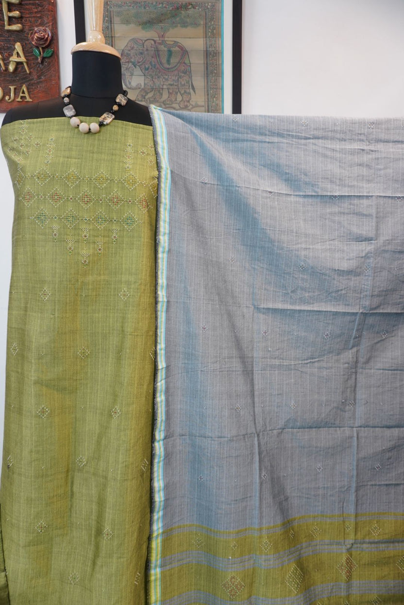 Light green cotton Tangaliya 3 piece suit set with grey dupatta and geometric pattern