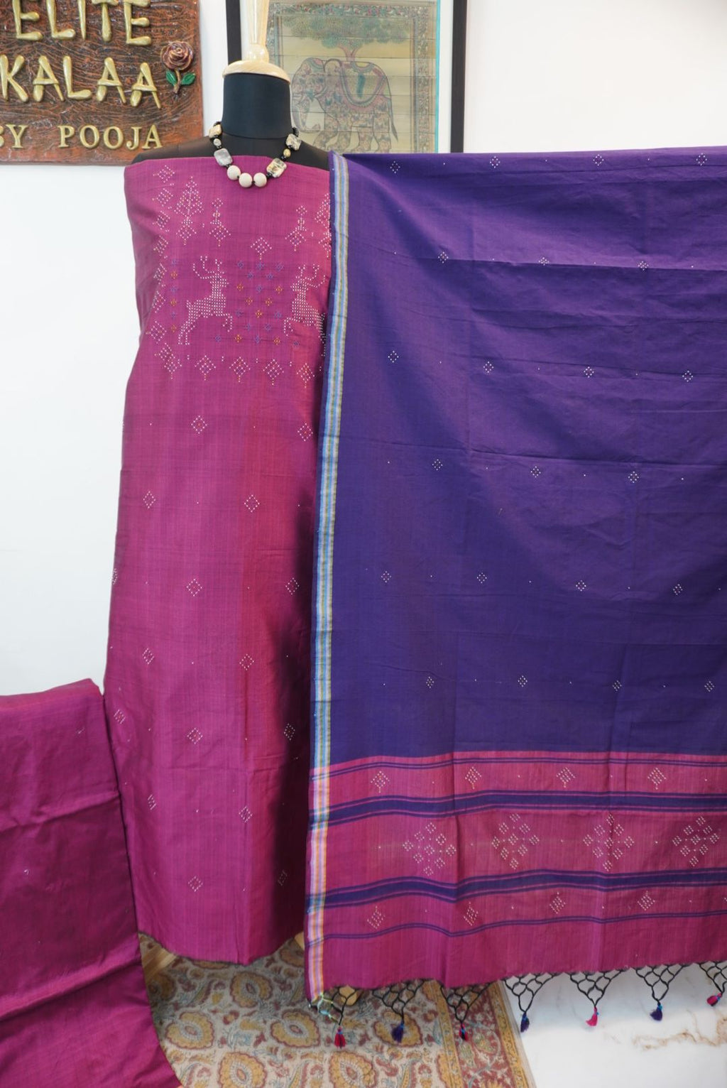 Tangaliya cotton 3 piece suit material in magenta with a purple dupatta