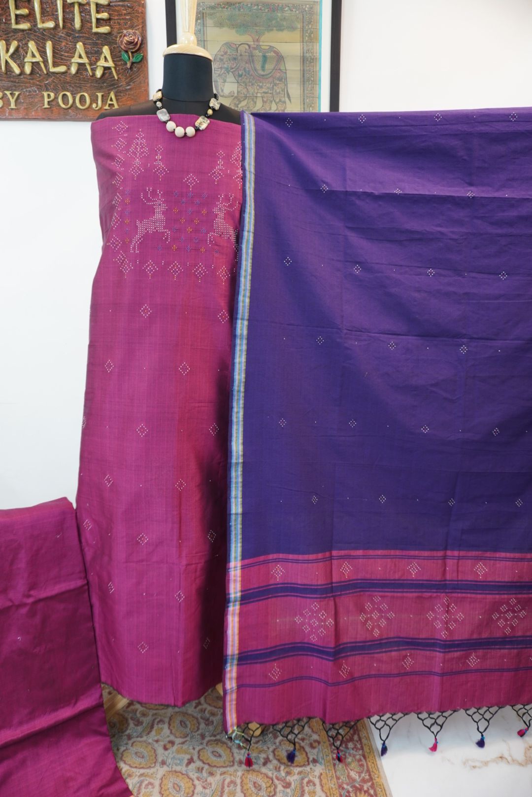 Tangaliya cotton 3 piece suit material in magenta with a purple dupatta
