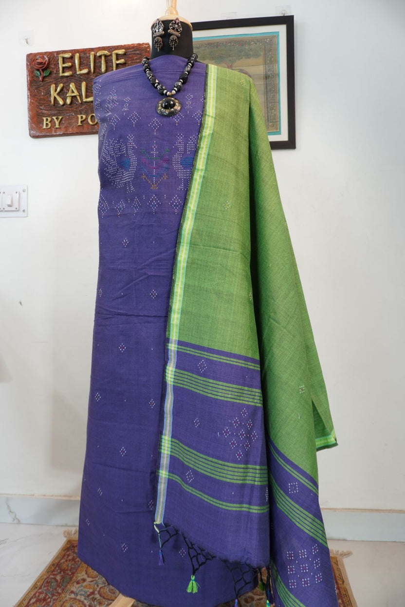 Tangaliya cotton 3 piece dress material in dusty violet and green with border detail and tassels