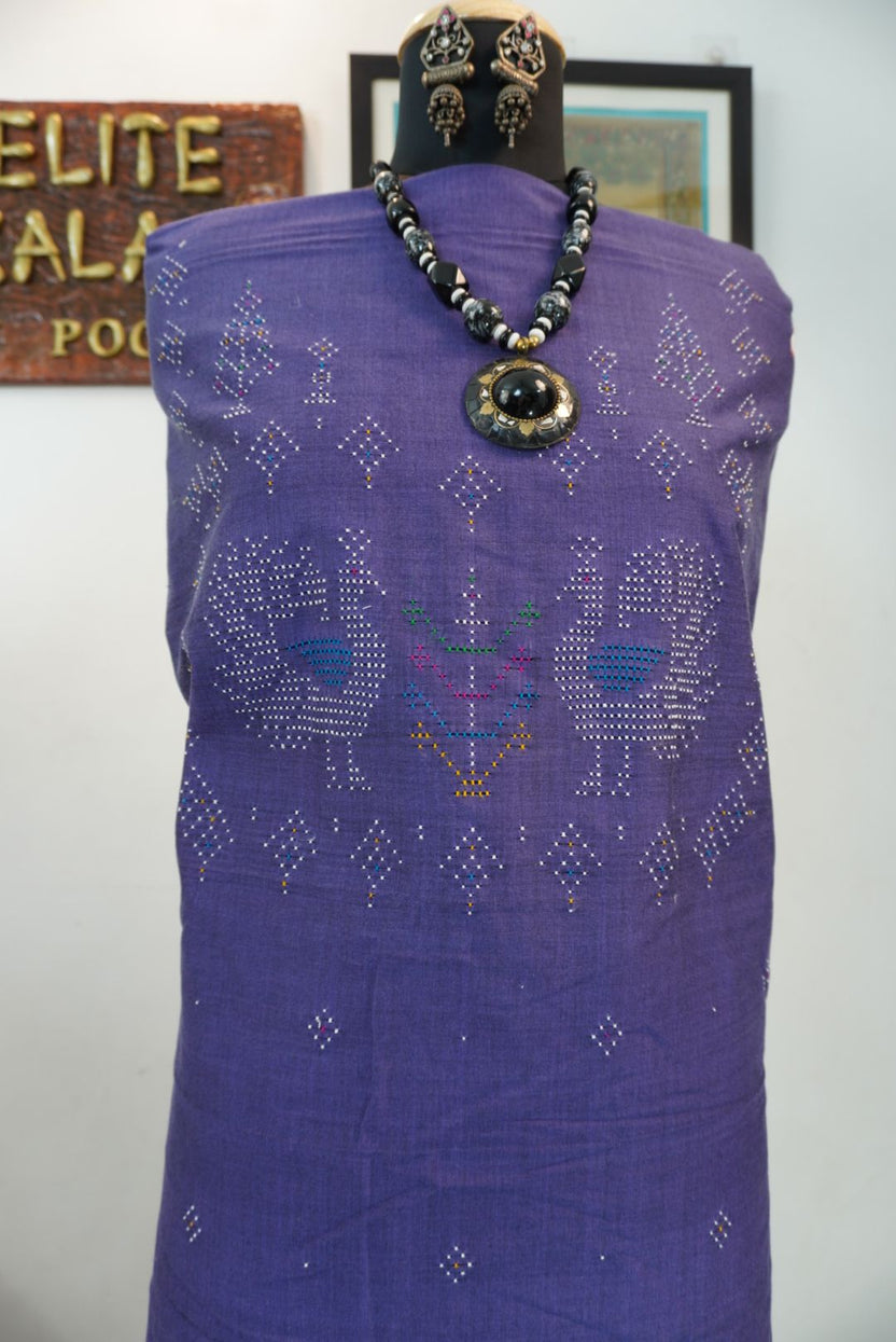 Tangaliya cotton 3 piece dress material in dusty violet and green with border detail and tassels