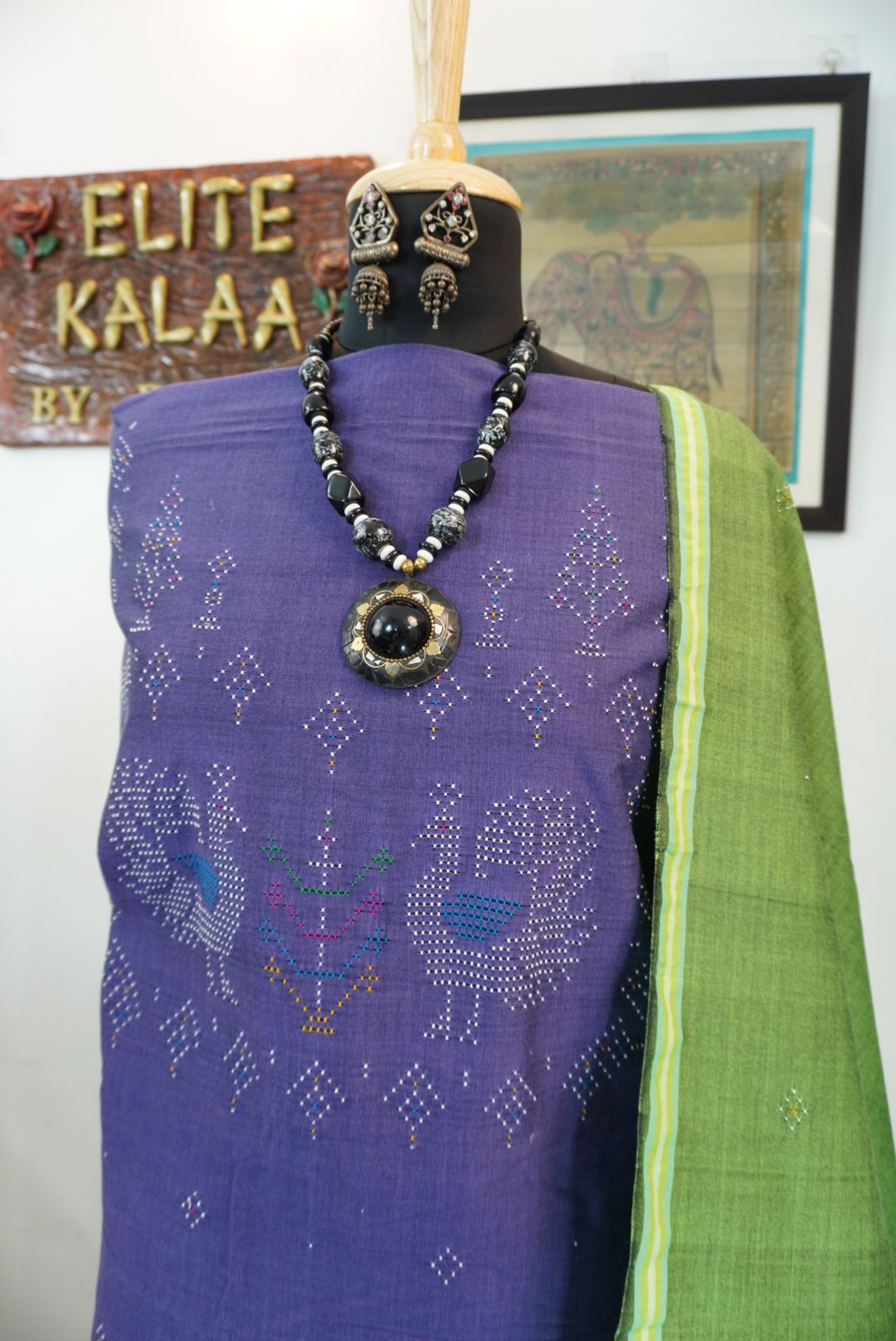 Tangaliya cotton 3 piece dress material in dusty violet and green with border detail and tassels
