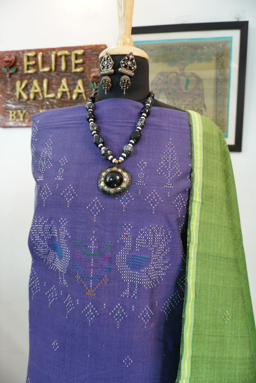 Tangaliya cotton 3 piece dress material in dusty violet and green with border detail and tassels
