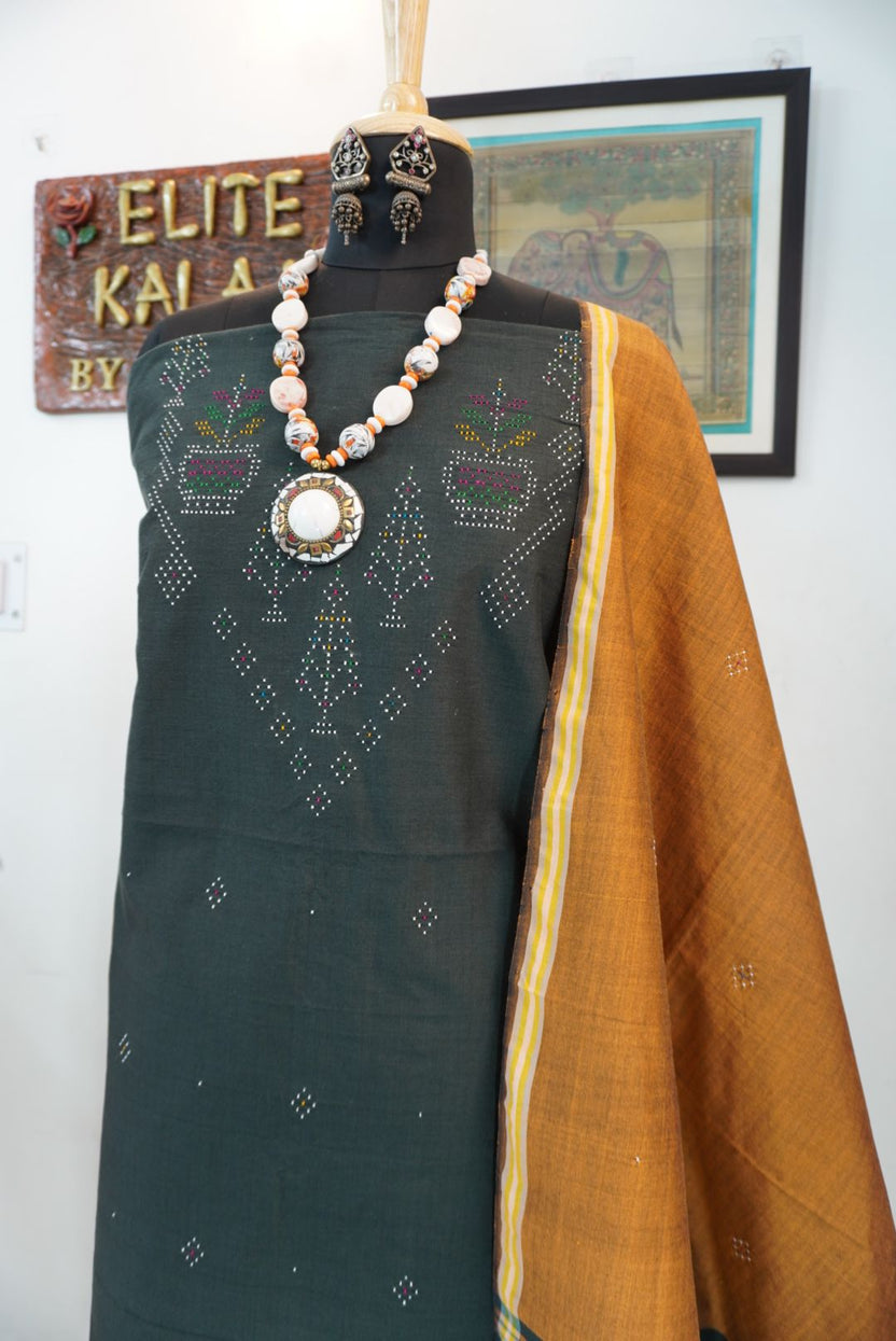 Tangaliya cotton 3 piece suit material in forest green with flower detail and multicolor accents