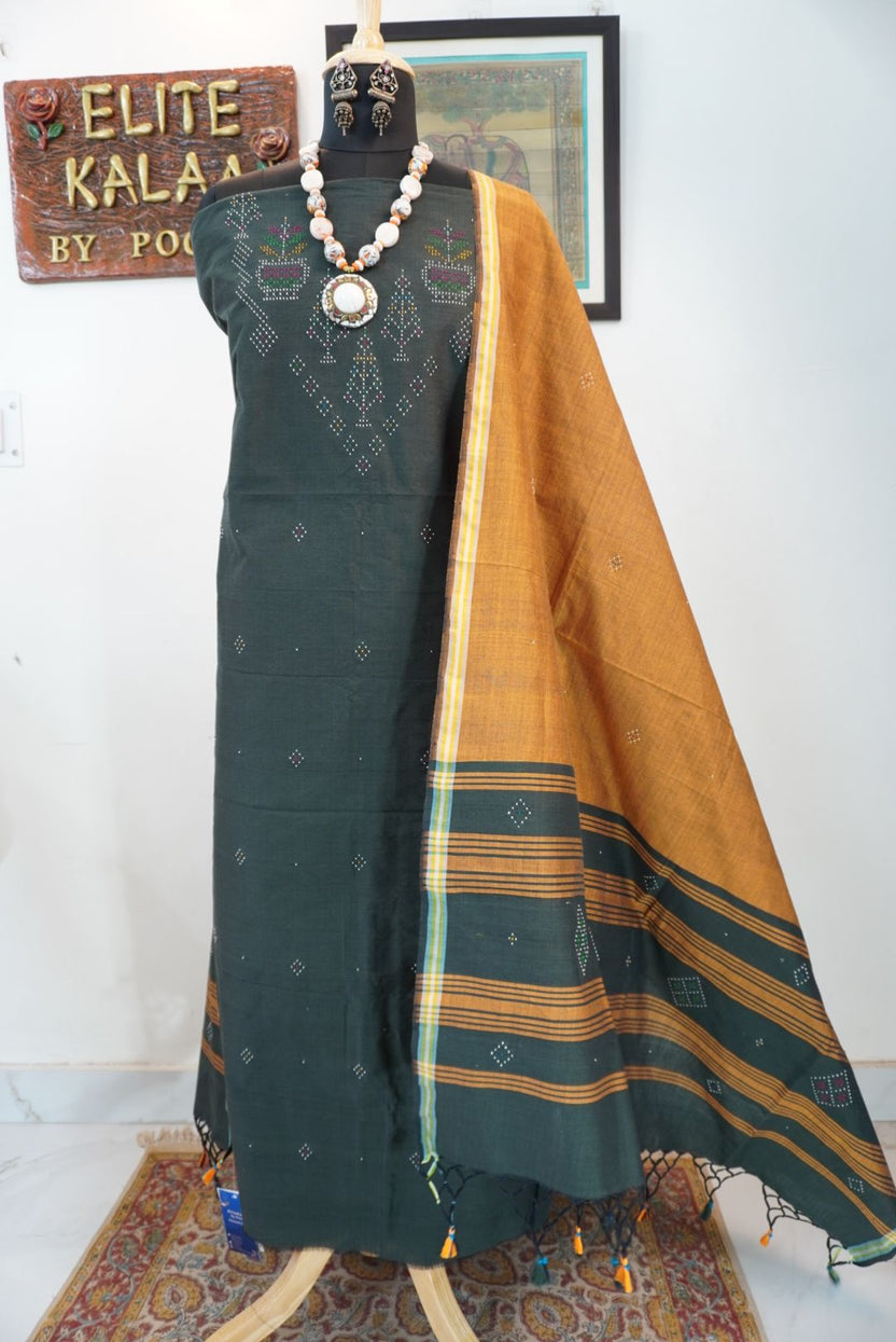 Tangaliya cotton 3 piece suit material in forest green with flower detail and multicolor accents