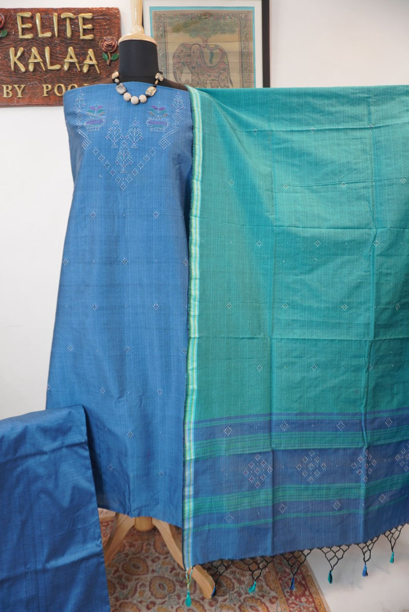 Greyish blue Tangaliya cotton 3 piece suit material with green dupatta and border details