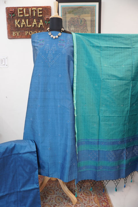 Greyish blue Tangaliya cotton 3 piece suit material with green dupatta and border details