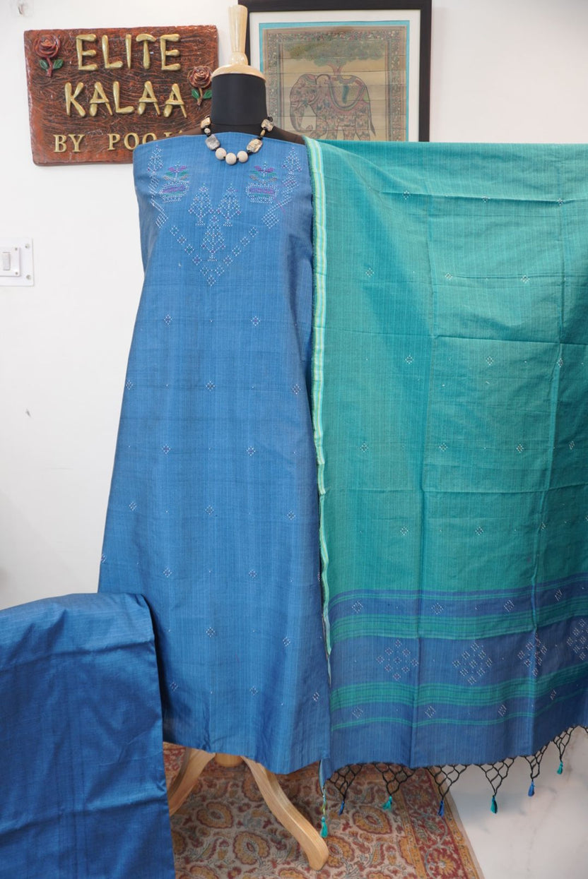 Greyish blue Tangaliya cotton 3 piece suit material with green dupatta and border details
