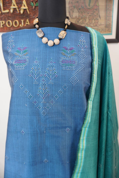 Greyish blue Tangaliya cotton 3 piece suit material with green dupatta and border details