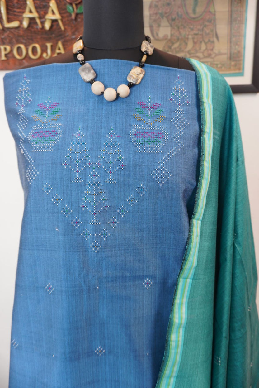 Greyish blue Tangaliya cotton 3 piece suit material with green dupatta and border details