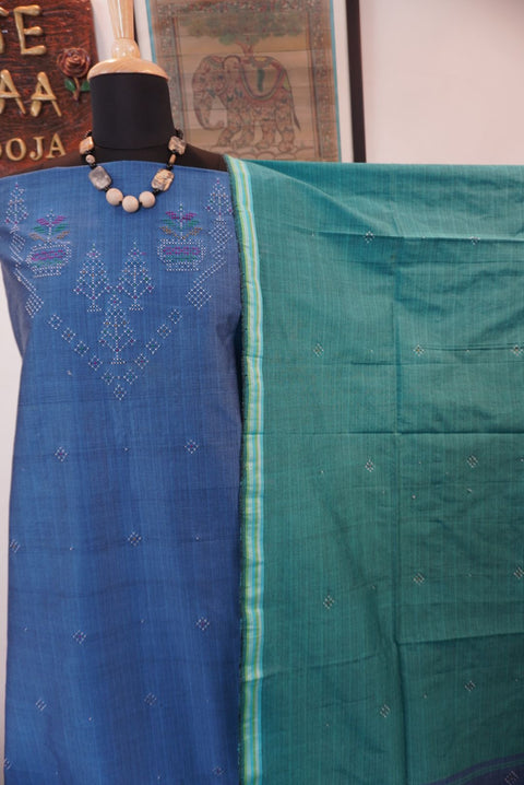 Greyish blue Tangaliya cotton 3 piece suit material with green dupatta and border details