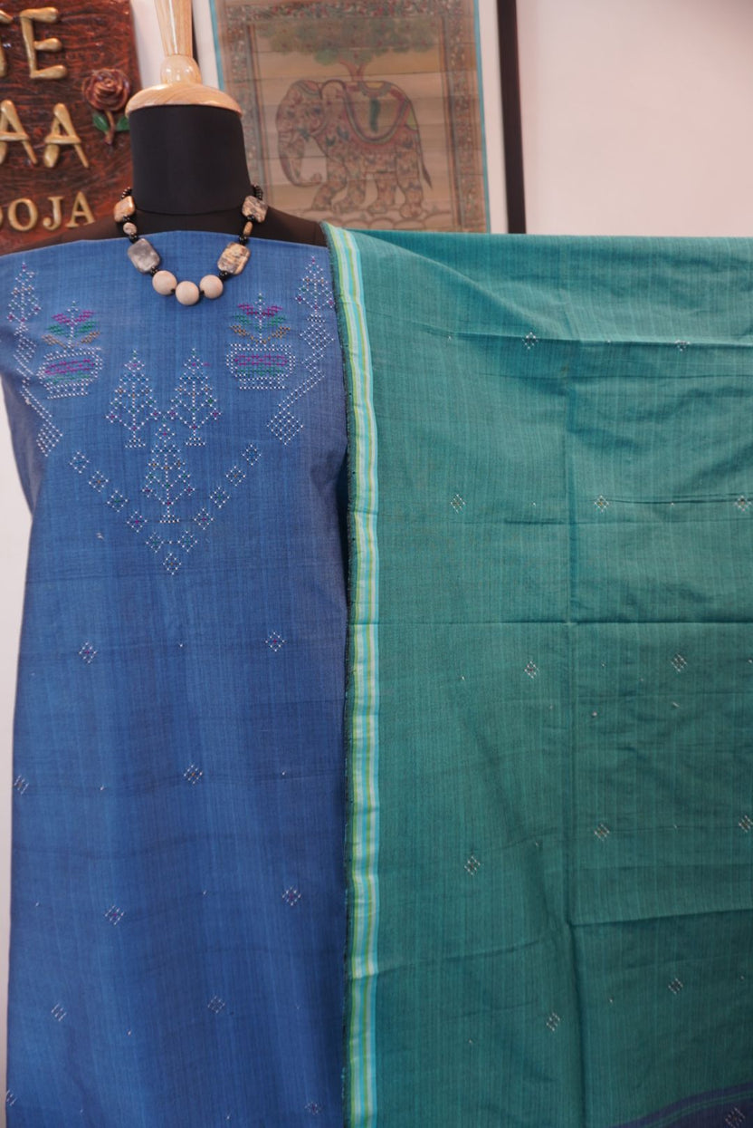 Greyish blue Tangaliya cotton 3 piece suit material with green dupatta and border details