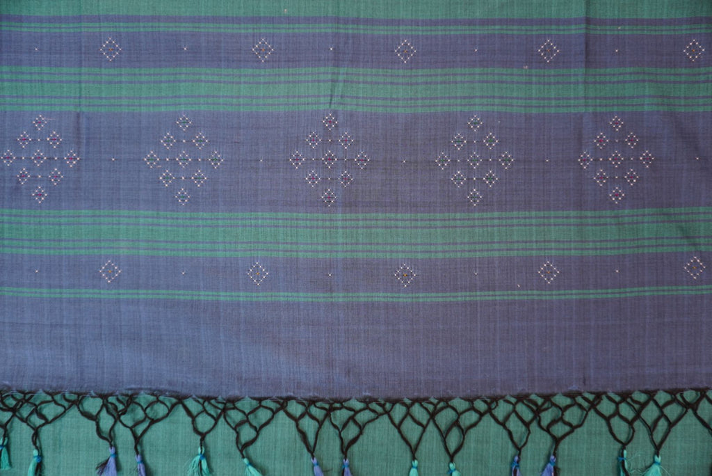 Greyish blue Tangaliya cotton 3 piece suit material with green dupatta and border details