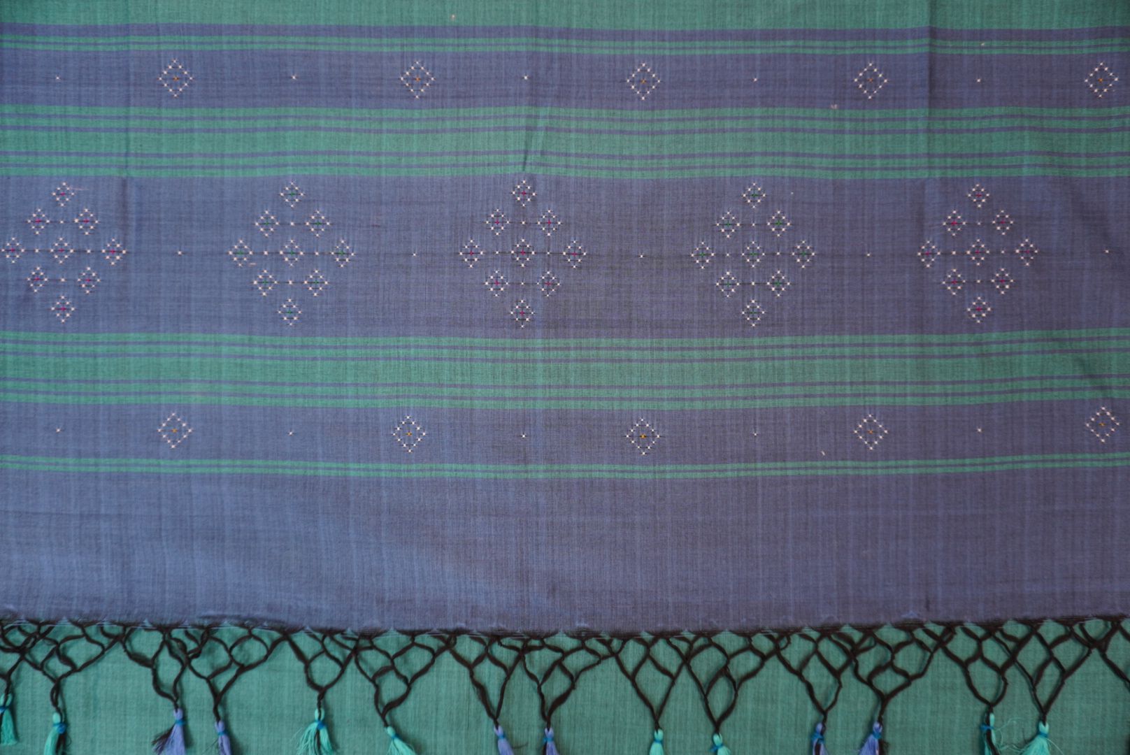 Greyish blue Tangaliya cotton 3 piece suit material with green dupatta and border details