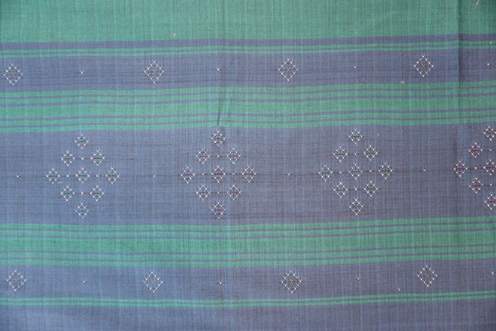Greyish blue Tangaliya cotton 3 piece suit material with green dupatta and border details