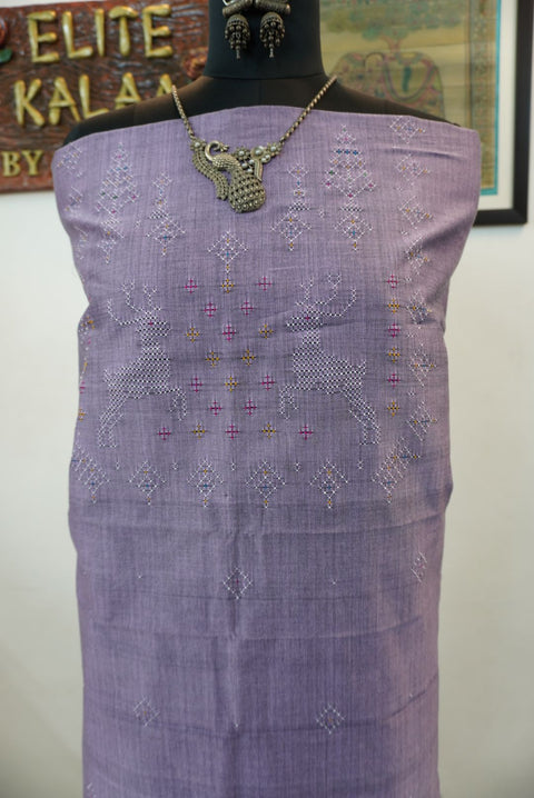 Tangaliya cotton kurti fabric in dusty lilac with deer design and placement pattern