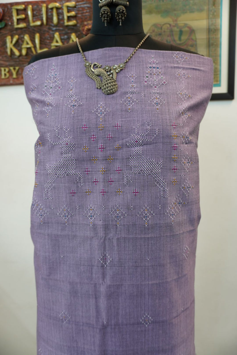 Tangaliya cotton kurti fabric in dusty lilac with deer design and placement pattern