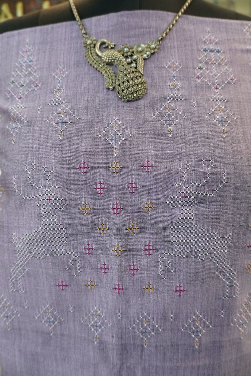 Tangaliya cotton kurti fabric in dusty lilac with deer design and placement pattern