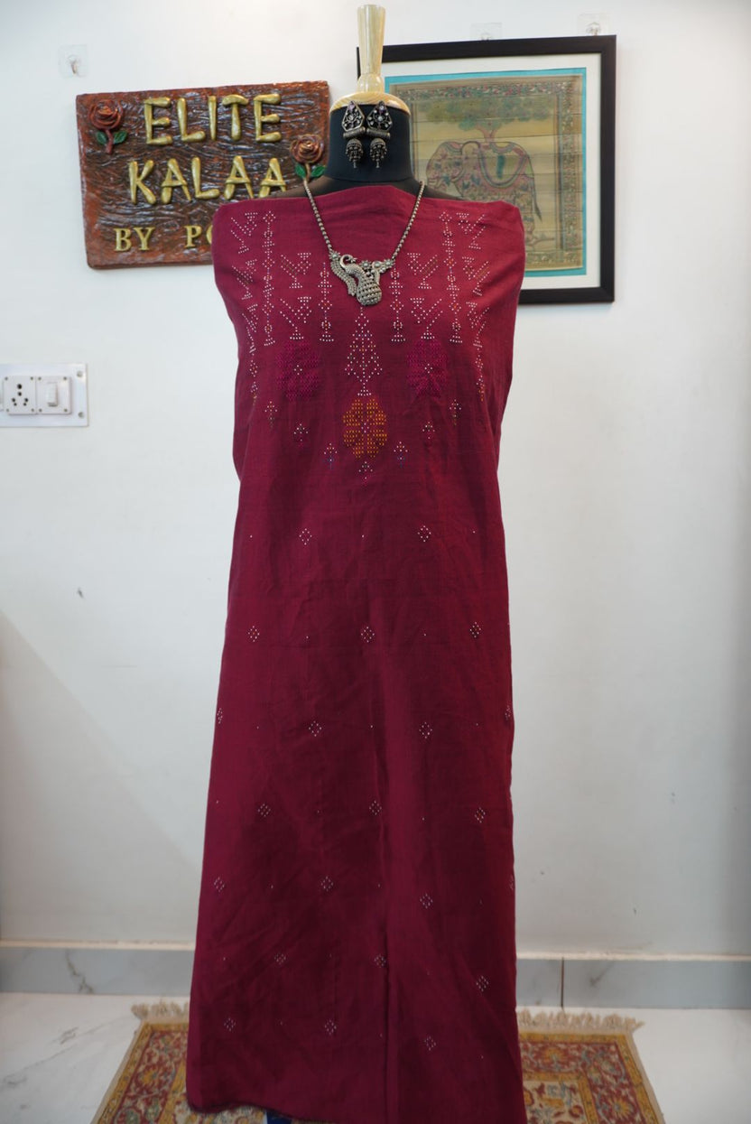 Maroon Tangaliya cotton kurti fabric with bird placement design and multicolor detailing