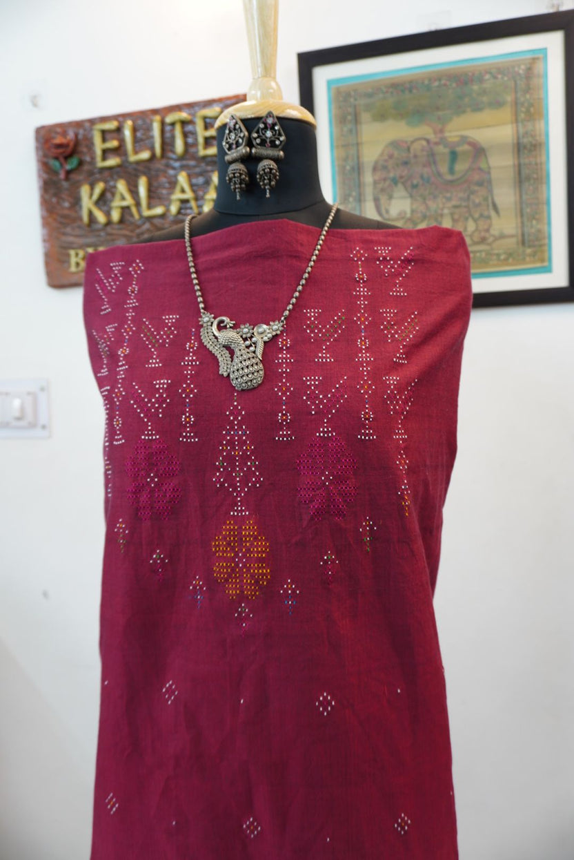 Maroon Tangaliya cotton kurti fabric with bird placement design and multicolor detailing