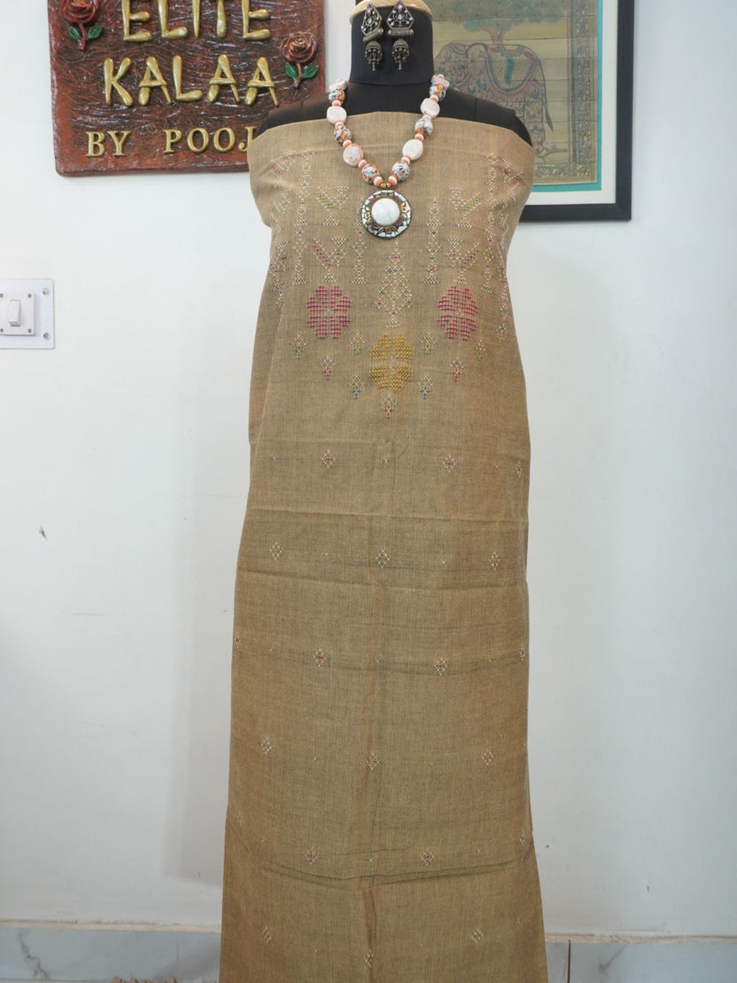 Ash beige Tangaliya cotton kurti fabric with bird motif and multicolor accents