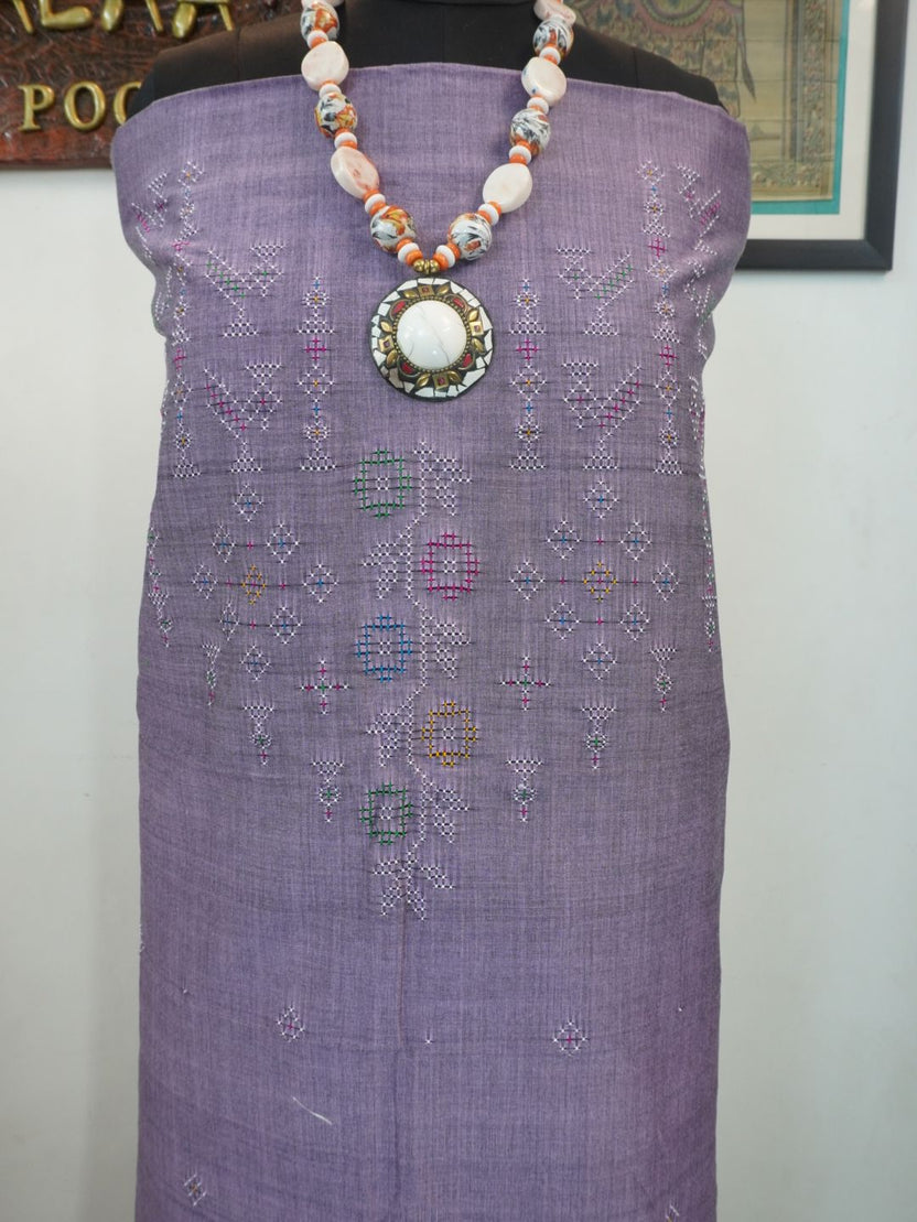 Dusty lilac cotton Tangaliya kurti fabric with an all-over bird pattern