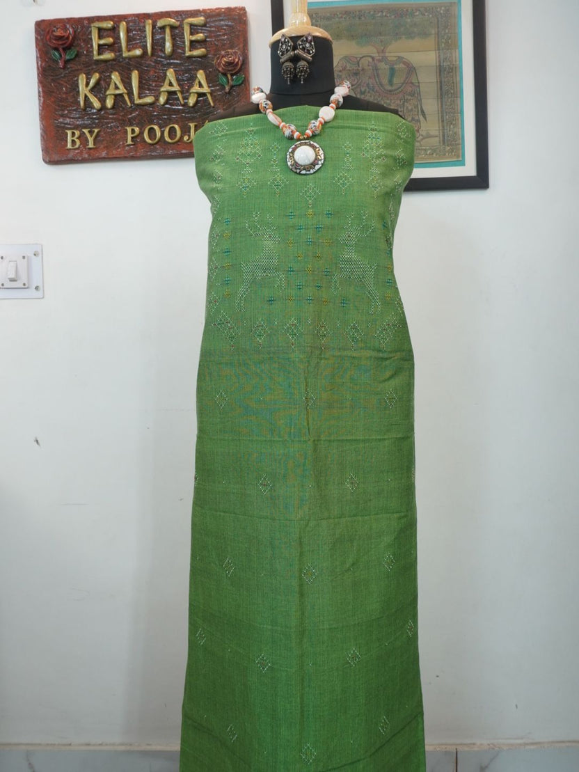 Green Tangaliya cotton kurti fabric with a distinctive geometric look