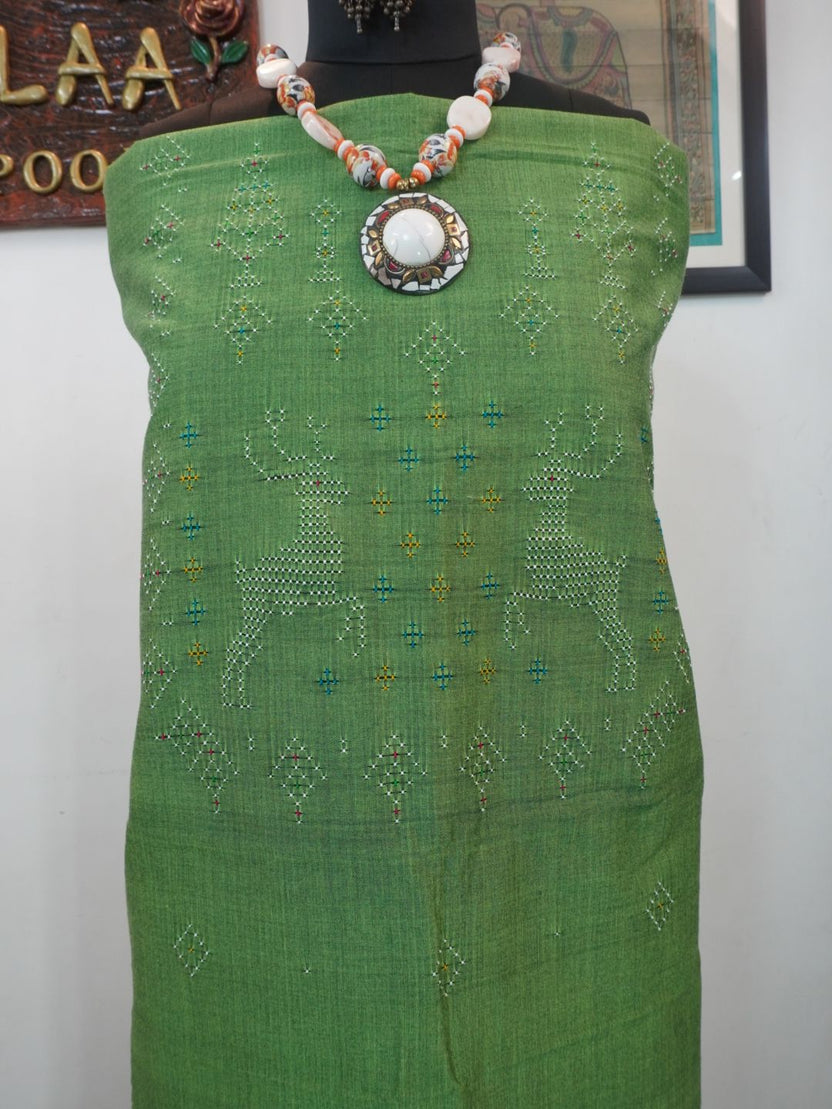Green Tangaliya cotton kurti fabric with a distinctive geometric look