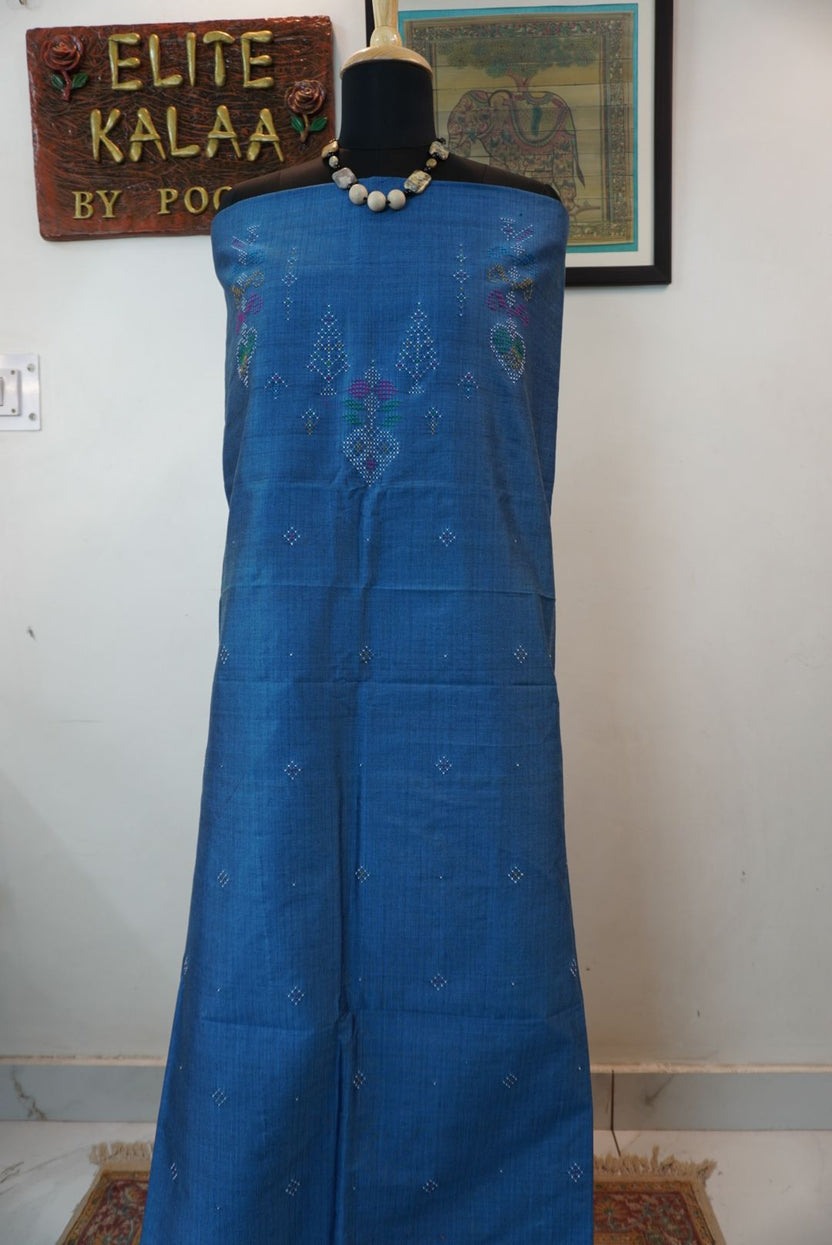Tangaliya cotton kurti fabric in greish blue with floral design