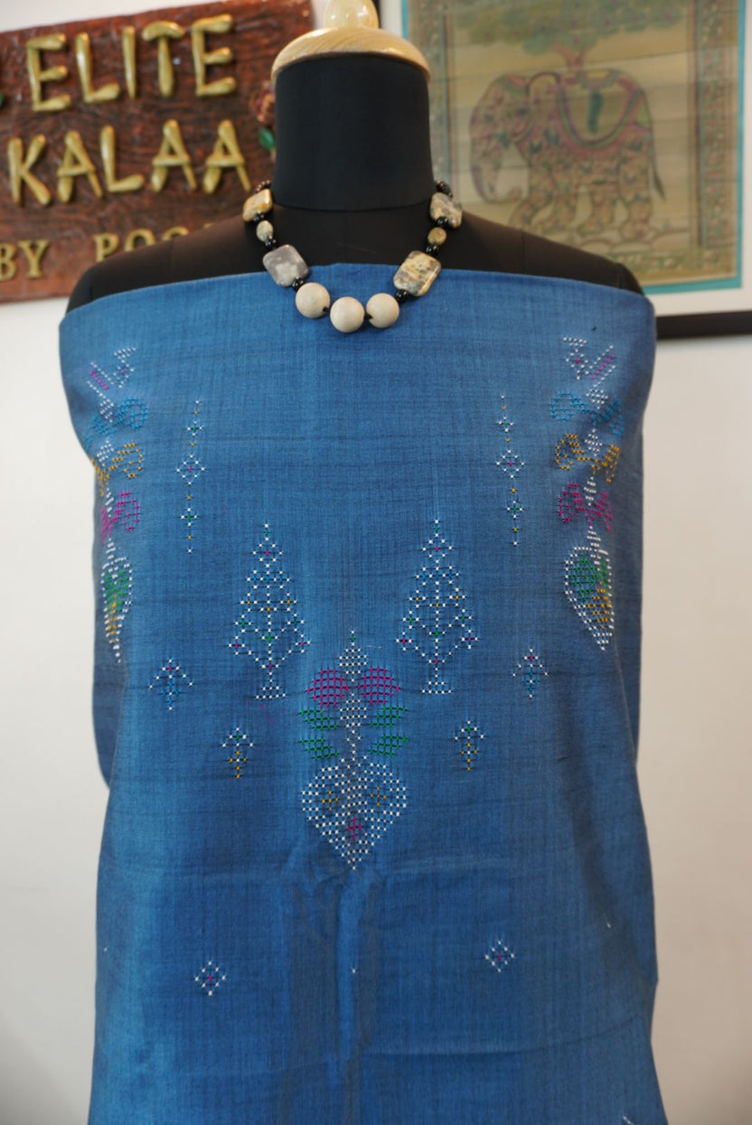 Tangaliya cotton kurti fabric in greish blue with floral design