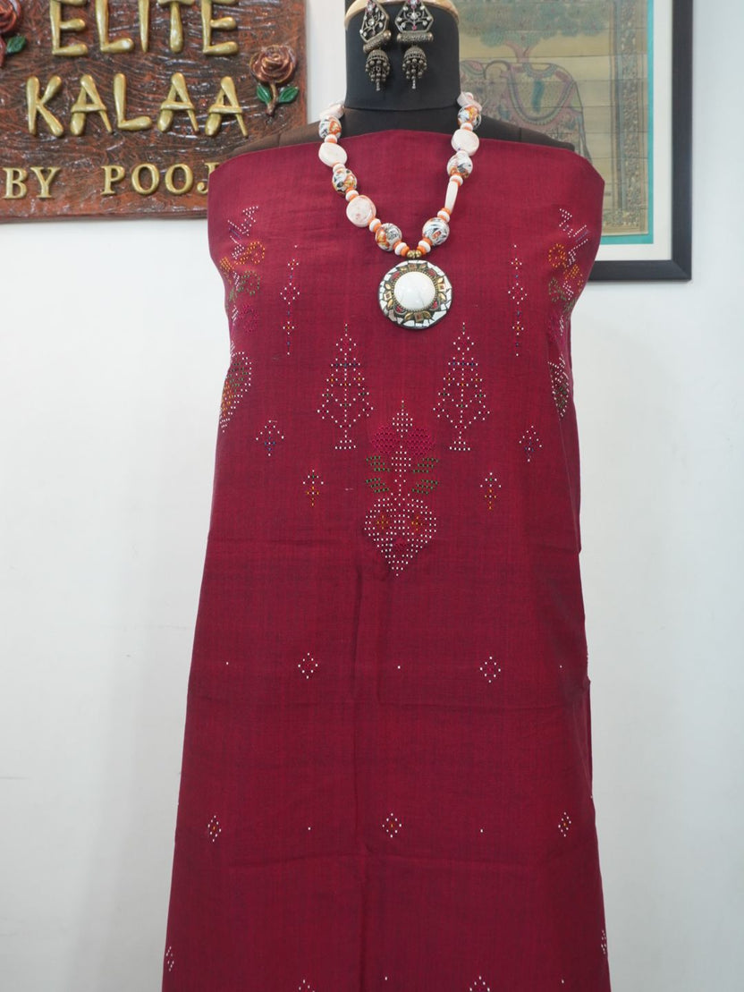 Maroon Tangaliya cotton kurti fabric with floral placement pattern