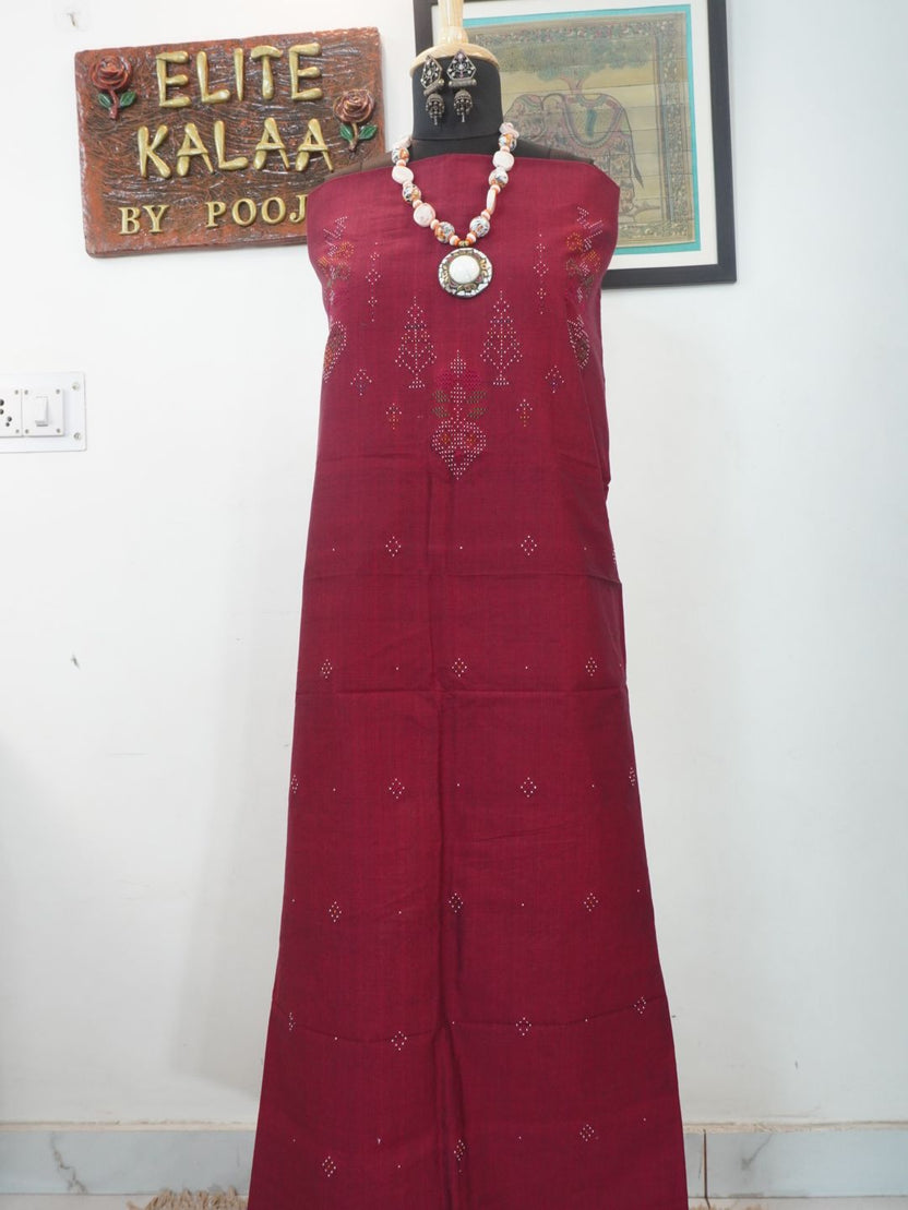 Maroon Tangaliya cotton kurti fabric with floral placement pattern
