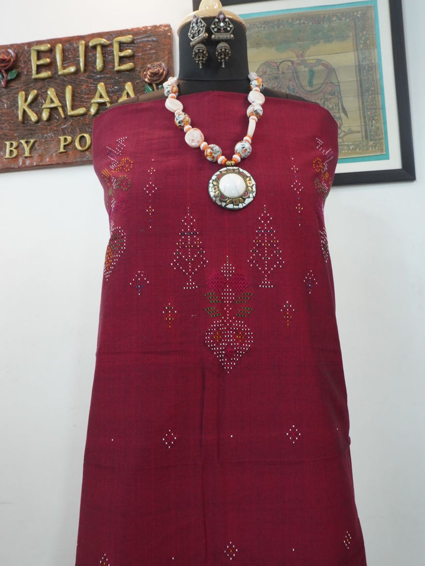 Maroon Tangaliya cotton kurti fabric with floral placement pattern