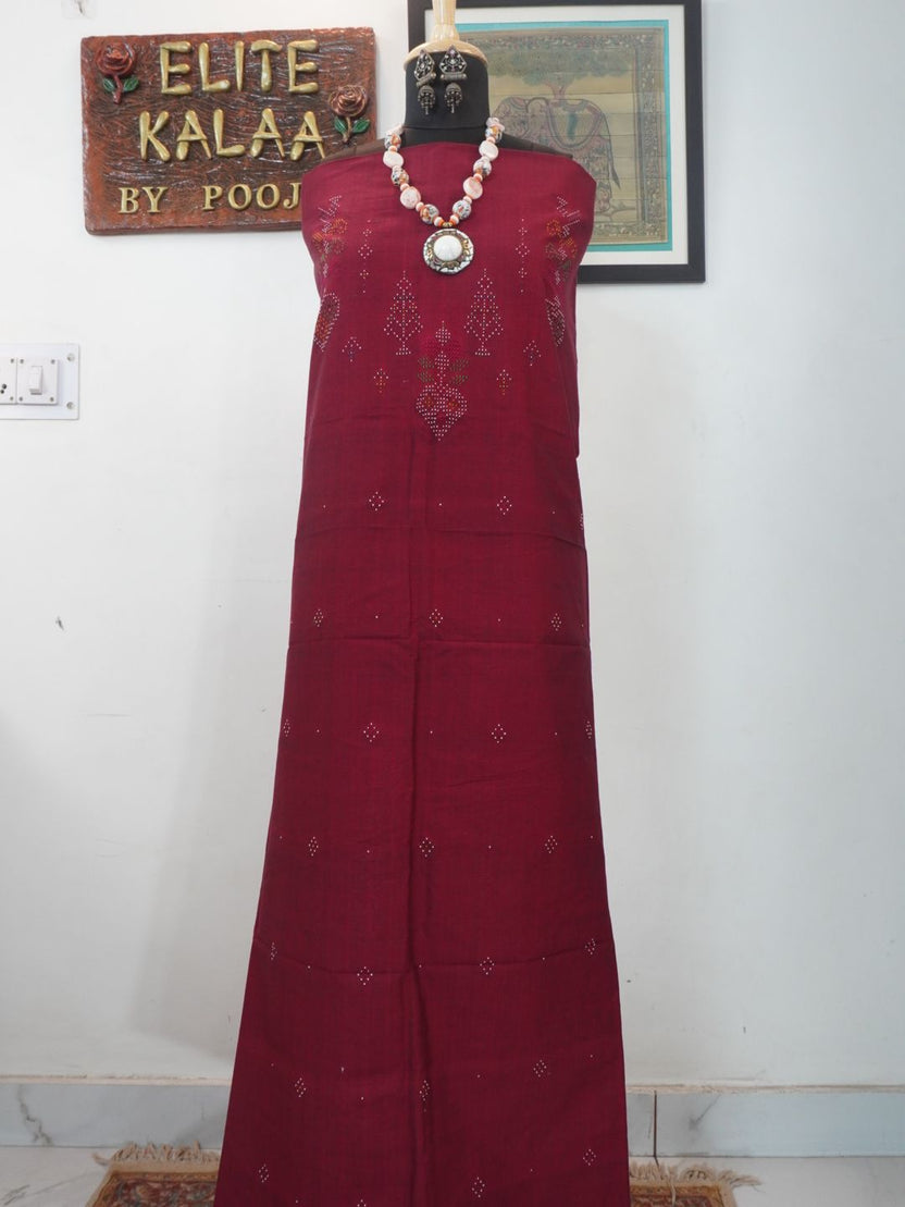 Maroon Tangaliya cotton kurti fabric with floral placement pattern