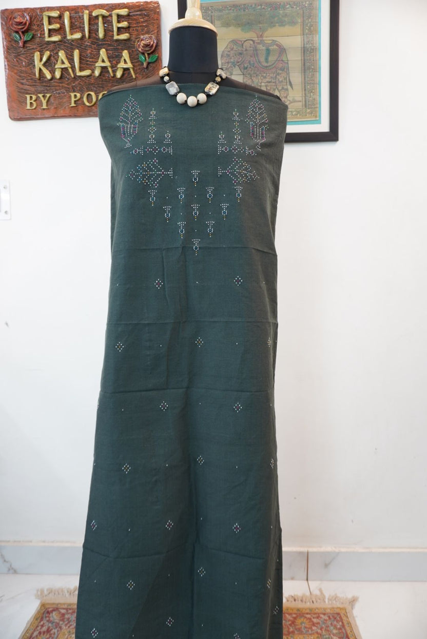 Tangaliya cotton kurti fabric in military green with tree design placement pattern