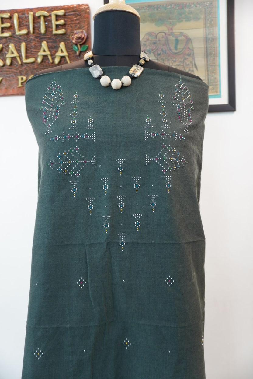 Tangaliya cotton kurti fabric in military green with tree design placement pattern