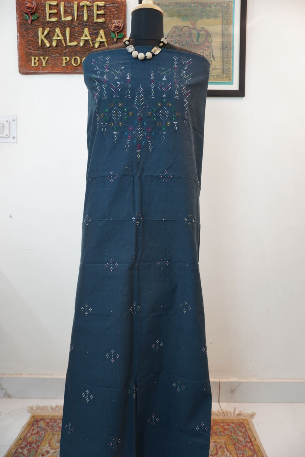 Teal green Tangaliya cotton kurti fabric with multicolor bird placement design