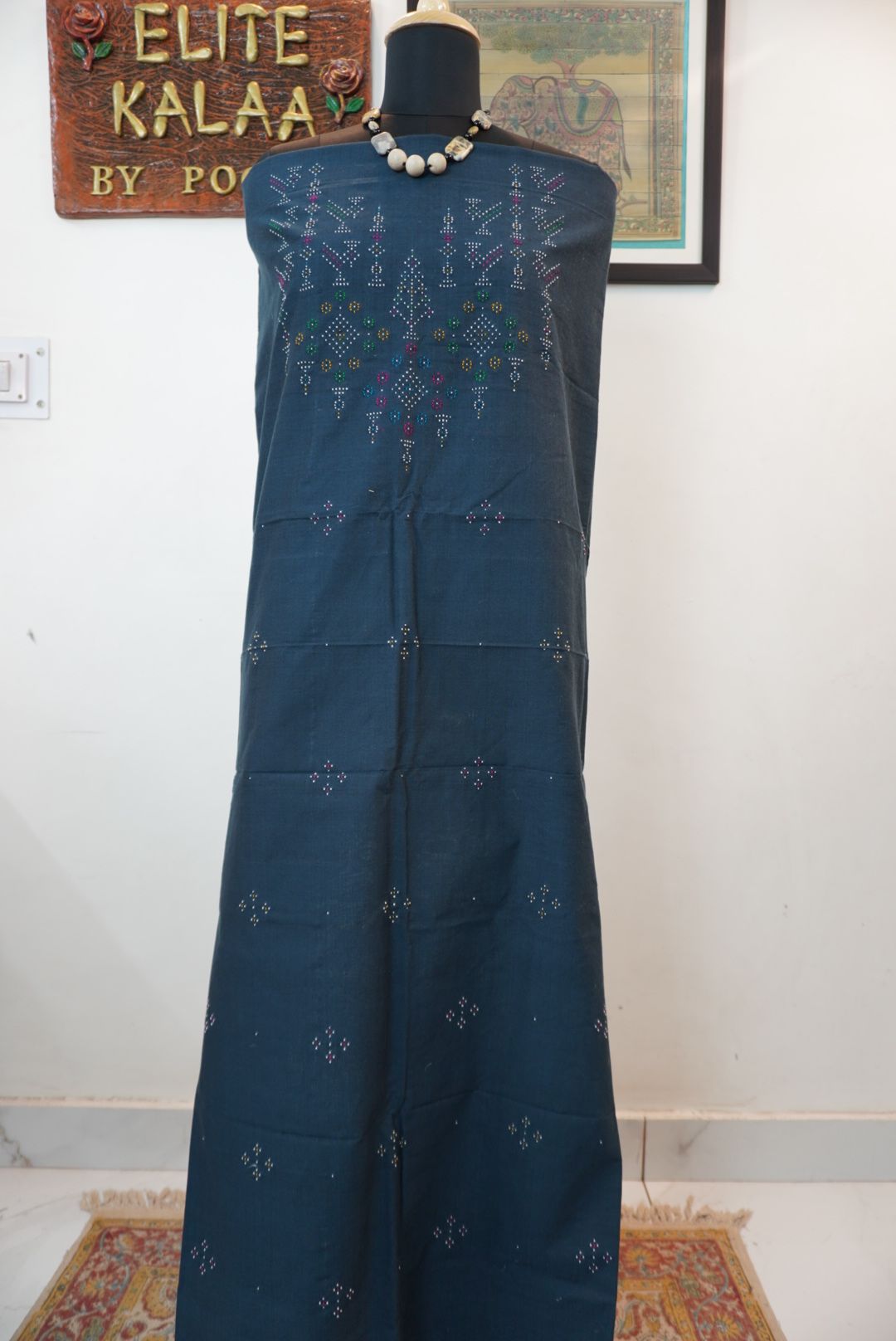 Teal green Tangaliya cotton kurti fabric with multicolor bird placement design