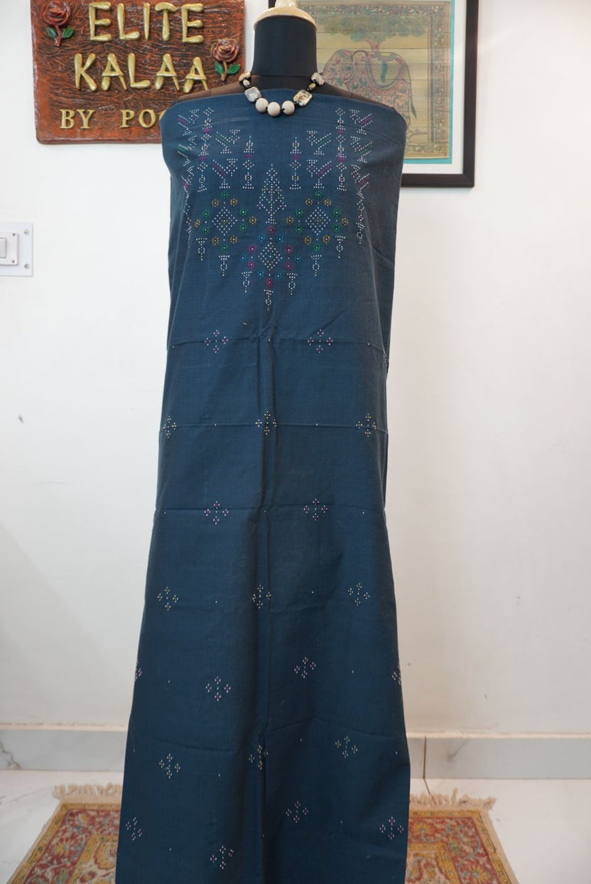 Teal green Tangaliya cotton kurti fabric with multicolor bird placement design
