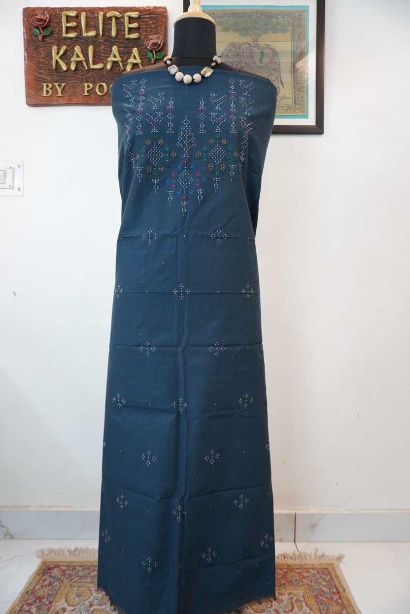 Teal green Tangaliya cotton kurti fabric with multicolor bird placement design