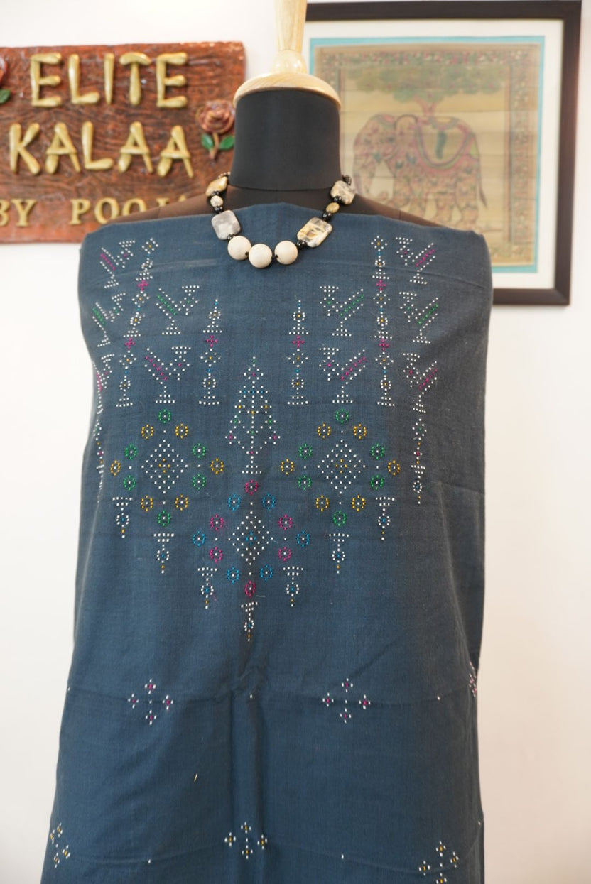 Teal green Tangaliya cotton kurti fabric with multicolor bird placement design