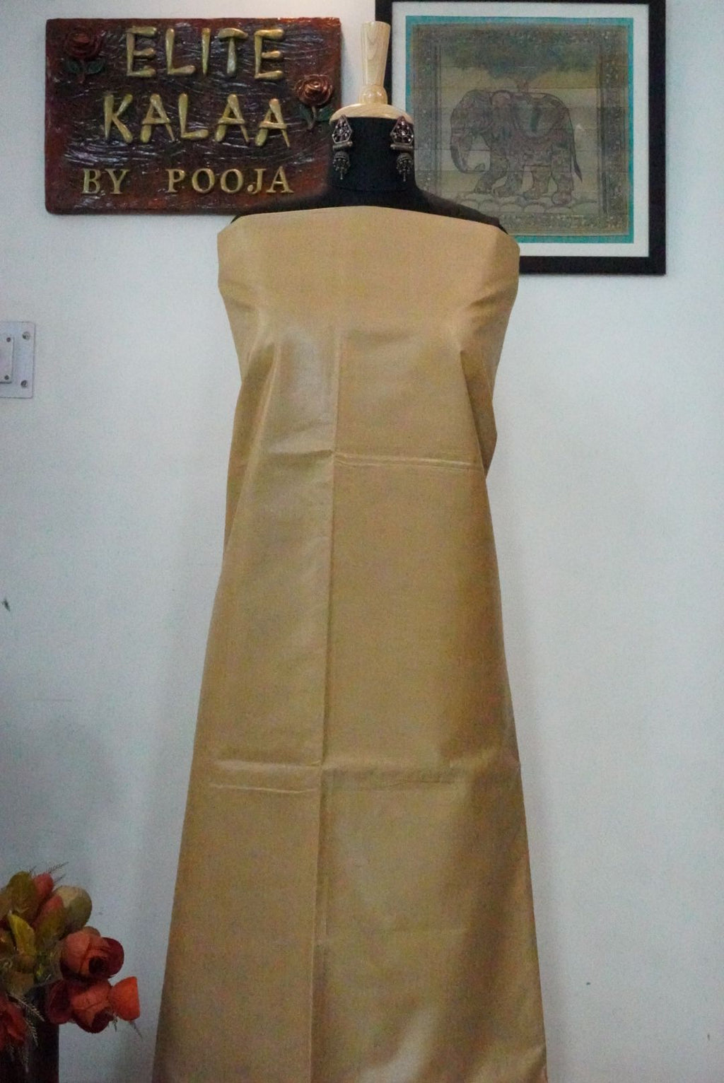 Beige solid tusser handloom fabric piece with a plain surface