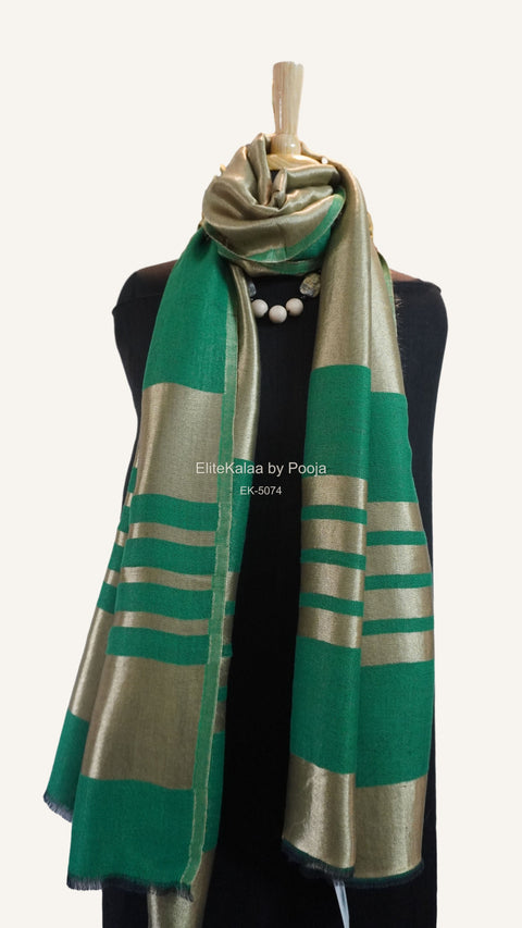 Green fine wool reversible stole with zari and striped detailing