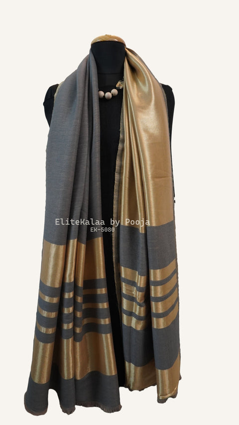 Grey fine wool reversible stole with zari detailing, striped pattern, border and fringe