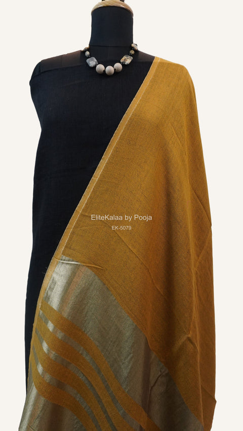 Mustard reversible fine wool stole with zari and gold striped detailing near the ends