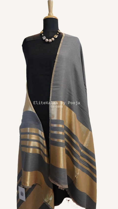 Grey fine wool reversible stole with zari detailing, striped pattern, border and fringe